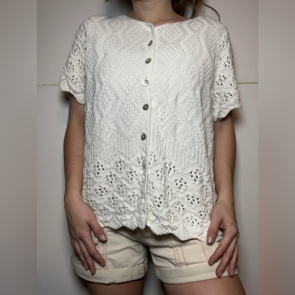 Retro by Renaissance White Crochet Knit Button Front Top Vintage
